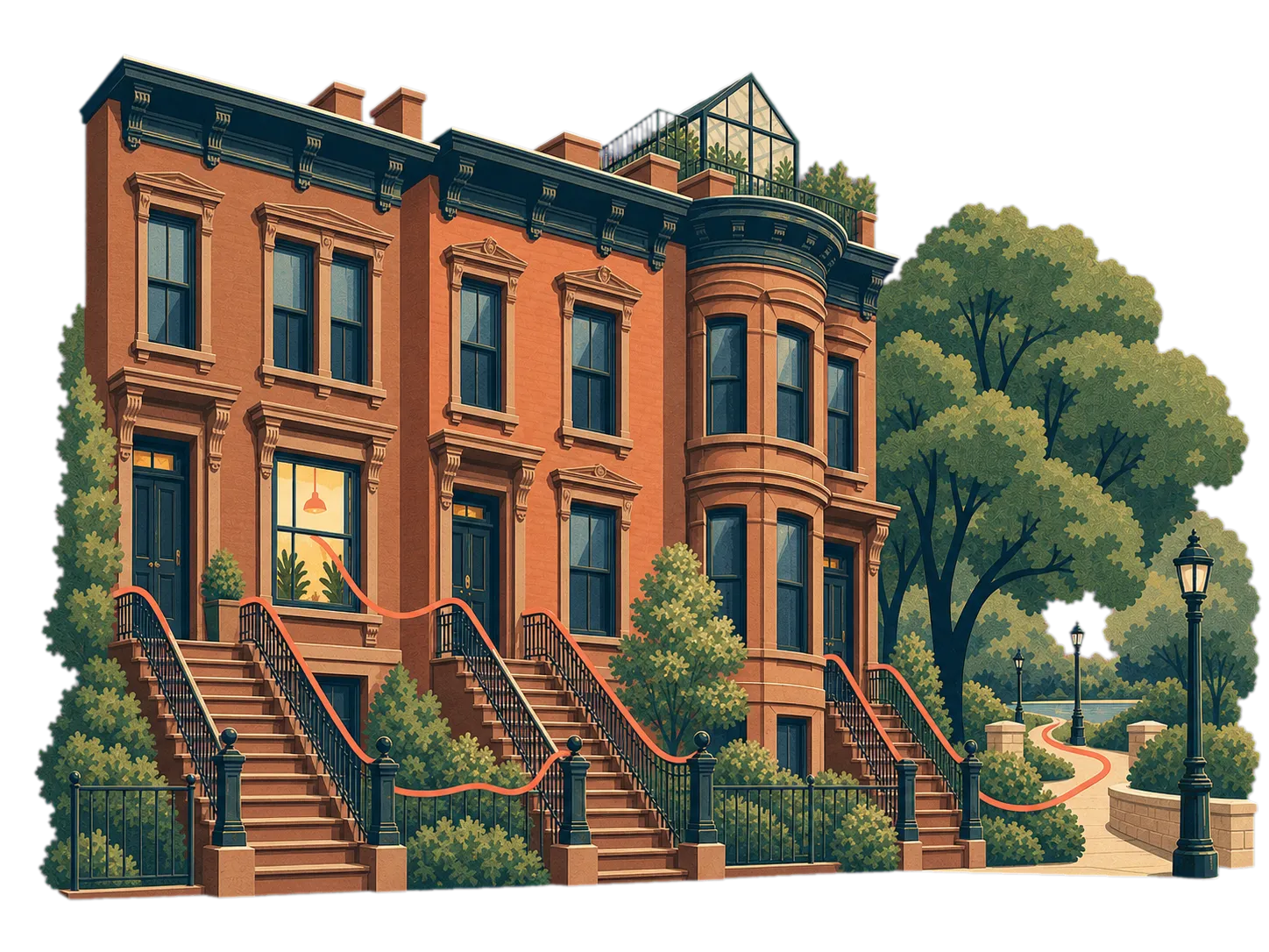 A richly illustrated row of Park Slope brownstones beside the tree-lined entrance to Prospect Park
